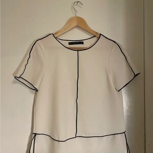 Zara Cream Short Sleeve Top with Contrast Piping
